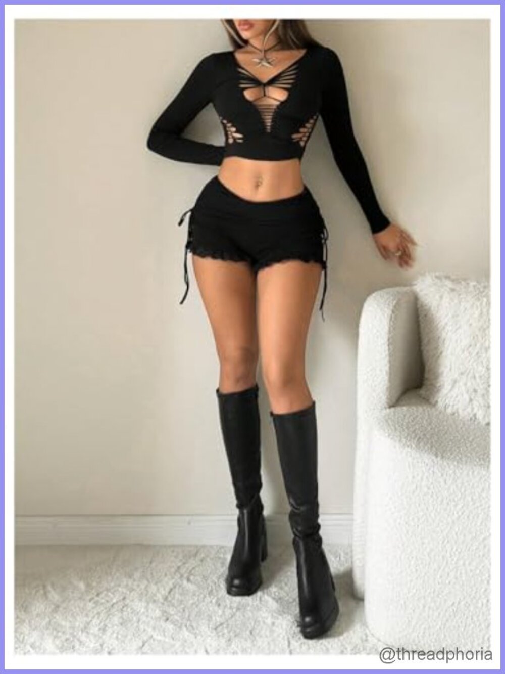 Lace Mini Shorts Low Rise Stretchy Ruffle Drawstring Going Out - Picture 4 of 5